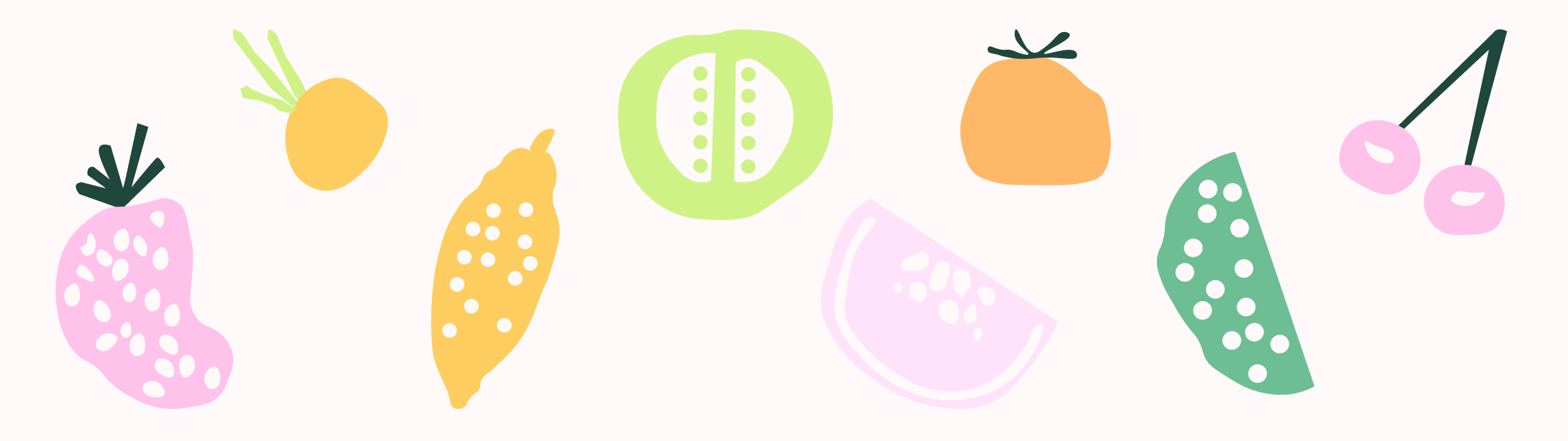 Série d'illustrations de fruits et légumes dessinées aux couleurs de la palette