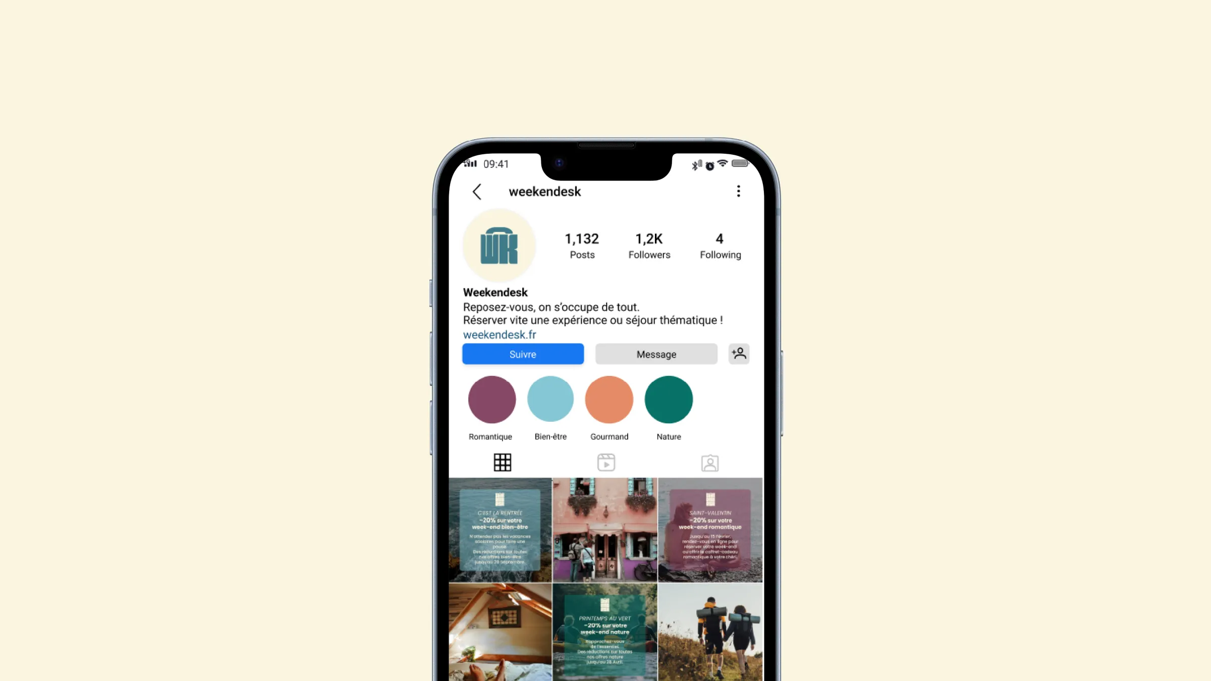 Profil Instagram de Weekendesk sur un smartphone